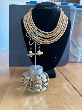 Beaded Natural Wood 6 Strand Necklace with Matching Earrings and bracelet